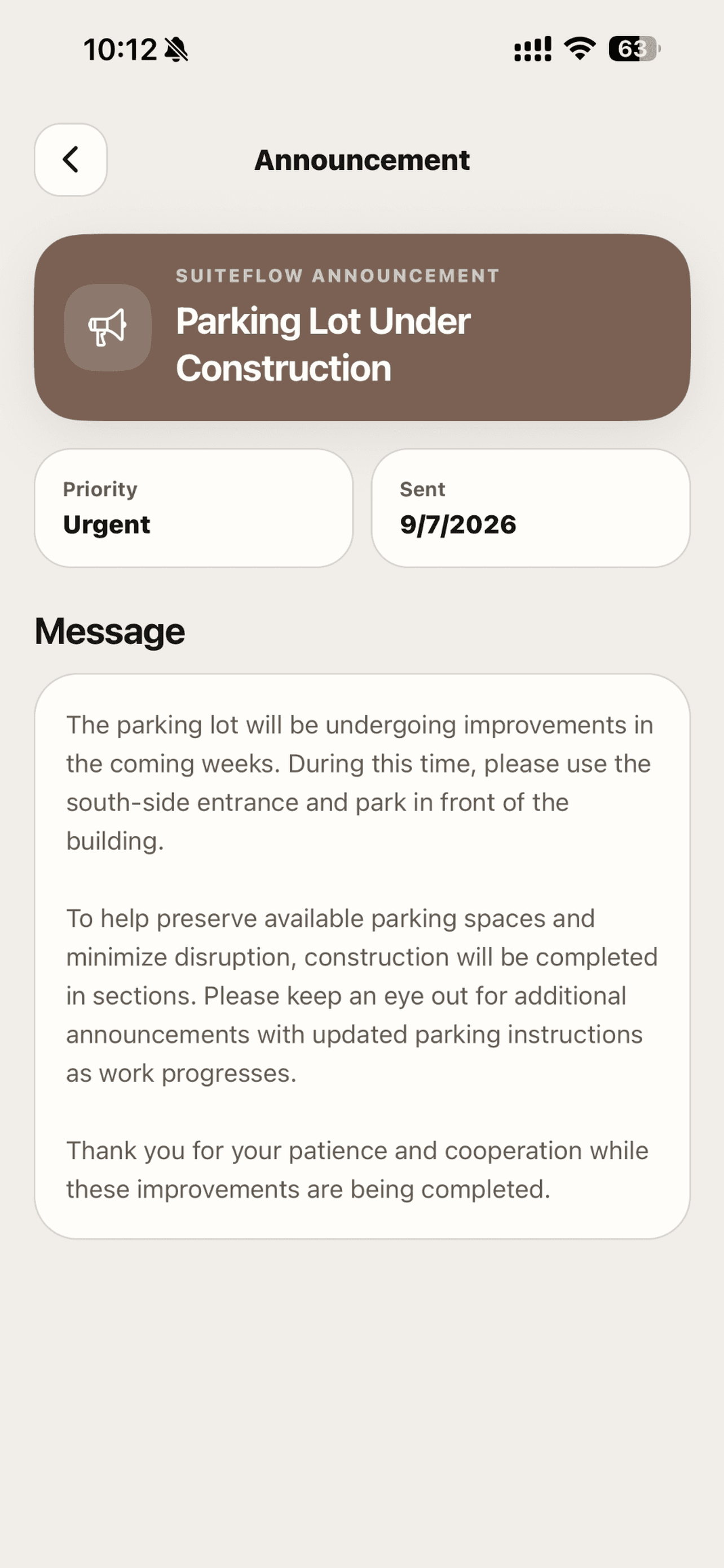SuiteFlow Tenant announcements screen