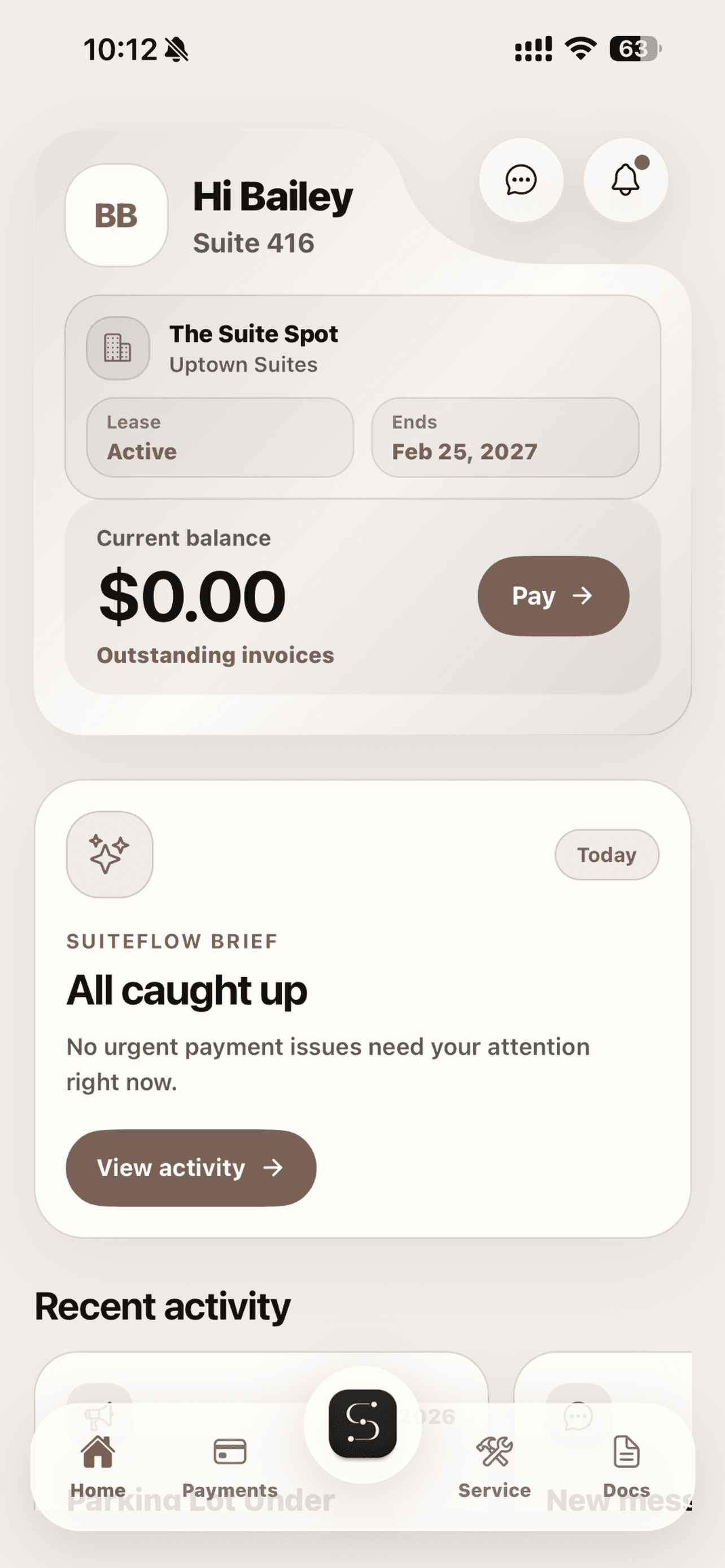 SuiteFlow Tenant home dashboard