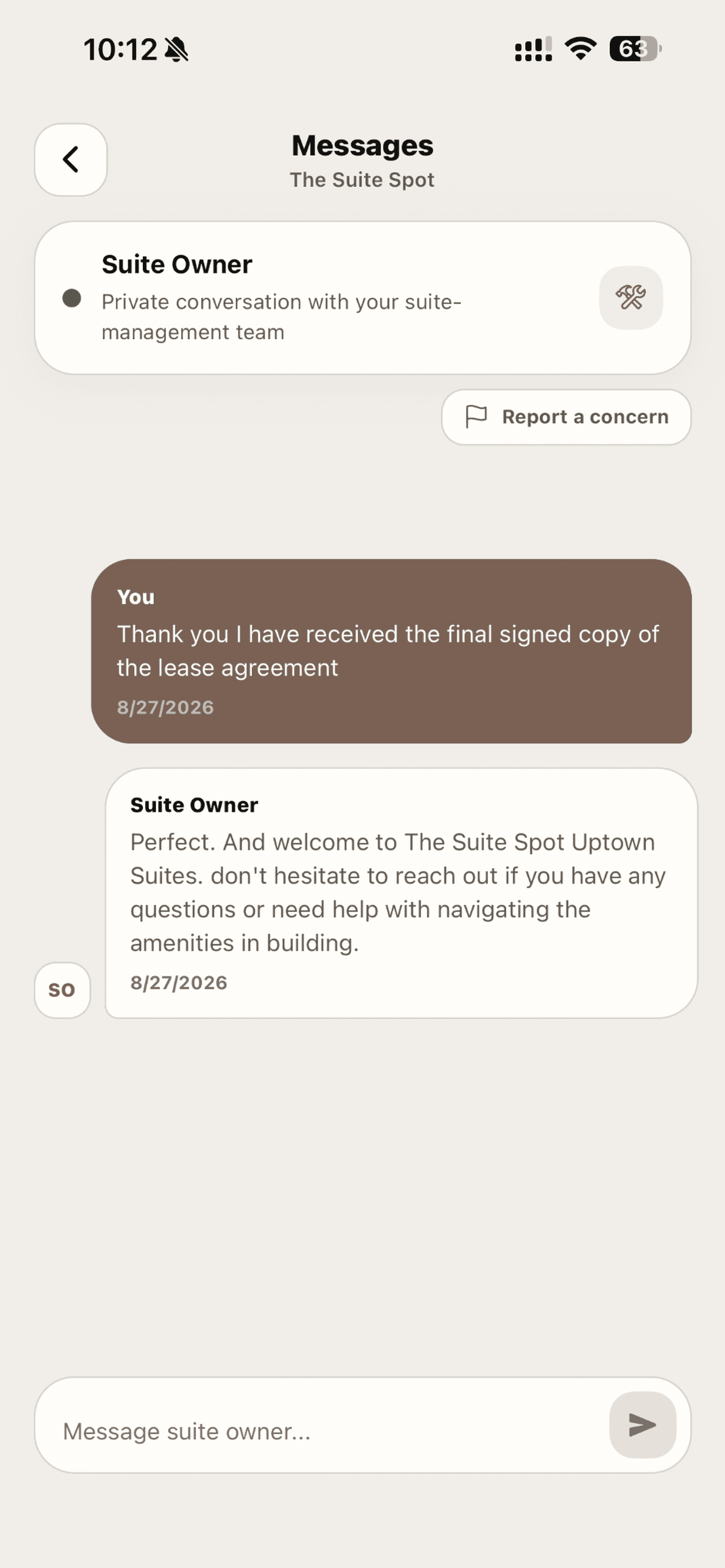 SuiteFlow Tenant messages screen